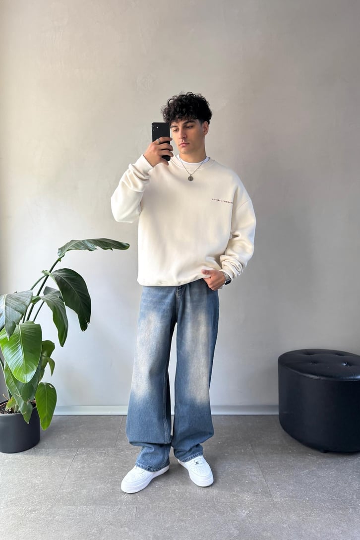 Vintage Baskılı Bisiklet Yaka Sweatshirt
