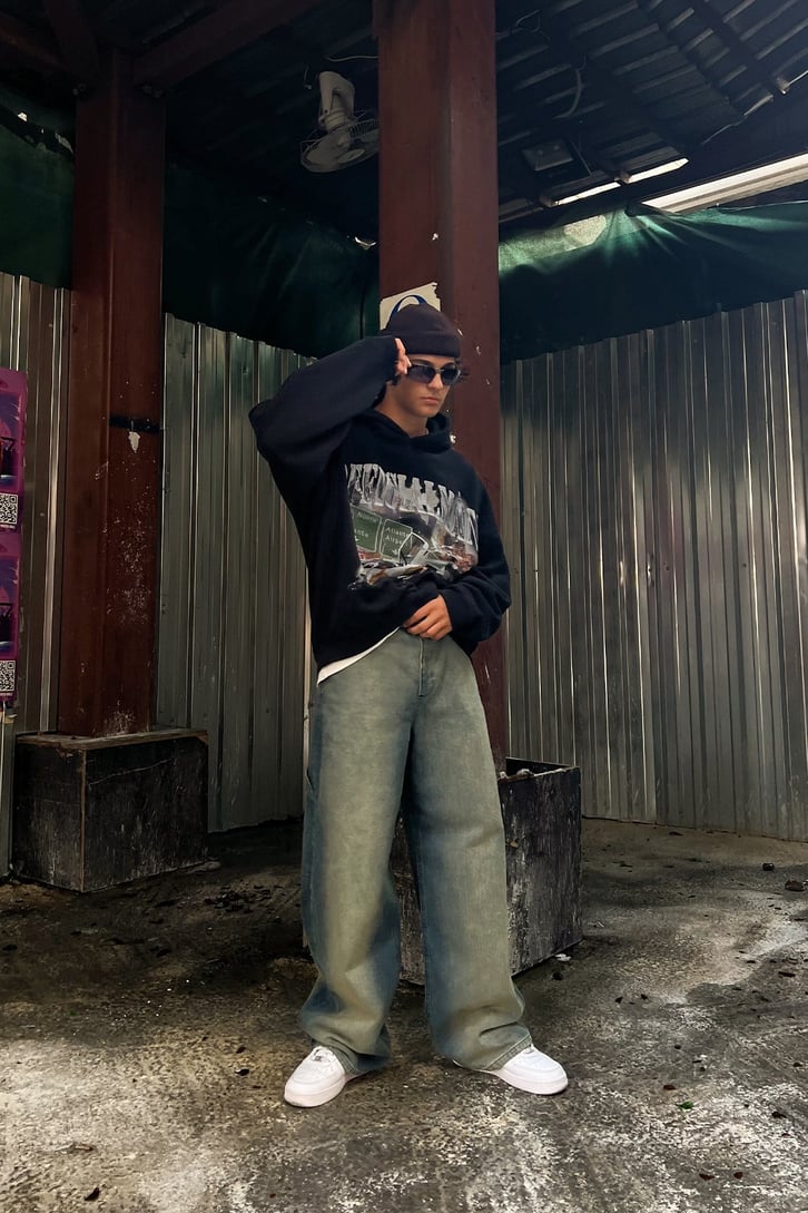 Vintage Cep Detay Mavi Baggy Jean