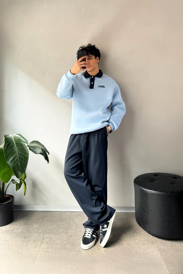 Vintage Couture Baskılı Polo Yaka Sweatshirt