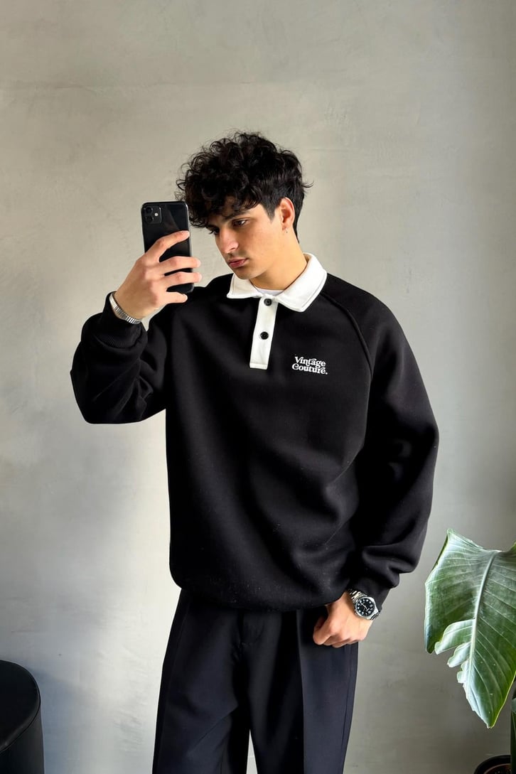 Vintage Couture Baskılı Polo Yaka Sweatshirt