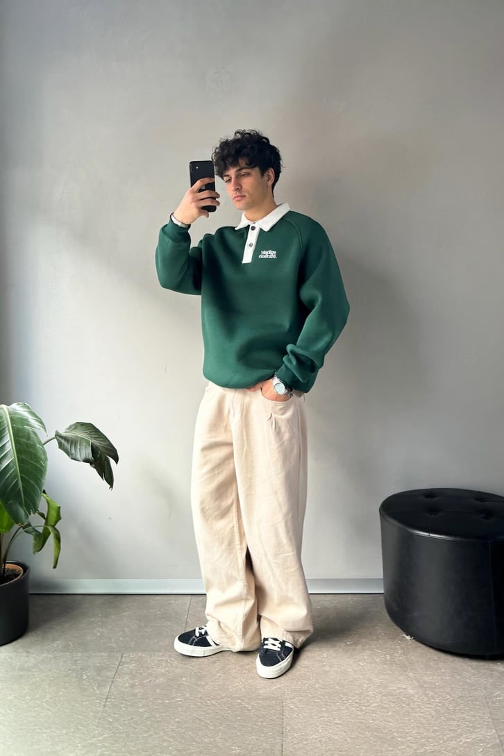 Vintage Couture Baskılı Polo Yaka Sweatshirt