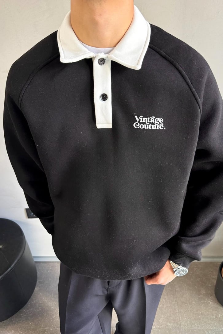Vintage Couture Baskılı Polo Yaka Sweatshirt