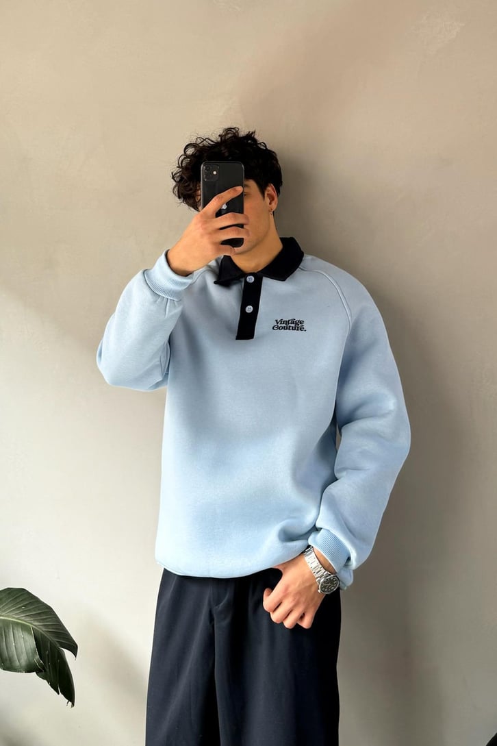 Vintage Couture Baskılı Polo Yaka Sweatshirt
