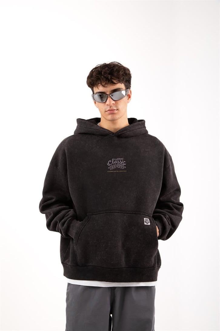 Vıntage Racing Baskılı Acid Wash Premium Fit Antrasit Hoodie