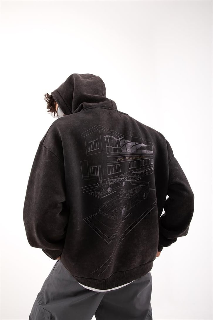 Vıntage Racing Baskılı Acid Wash Premium Fit Antrasit Hoodie