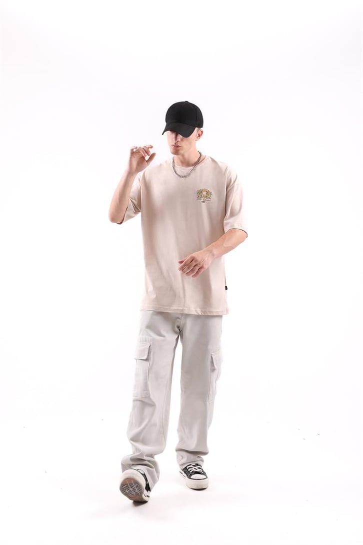 Vms Sırt Baskılı Taş Rengi Oversize Tshirt