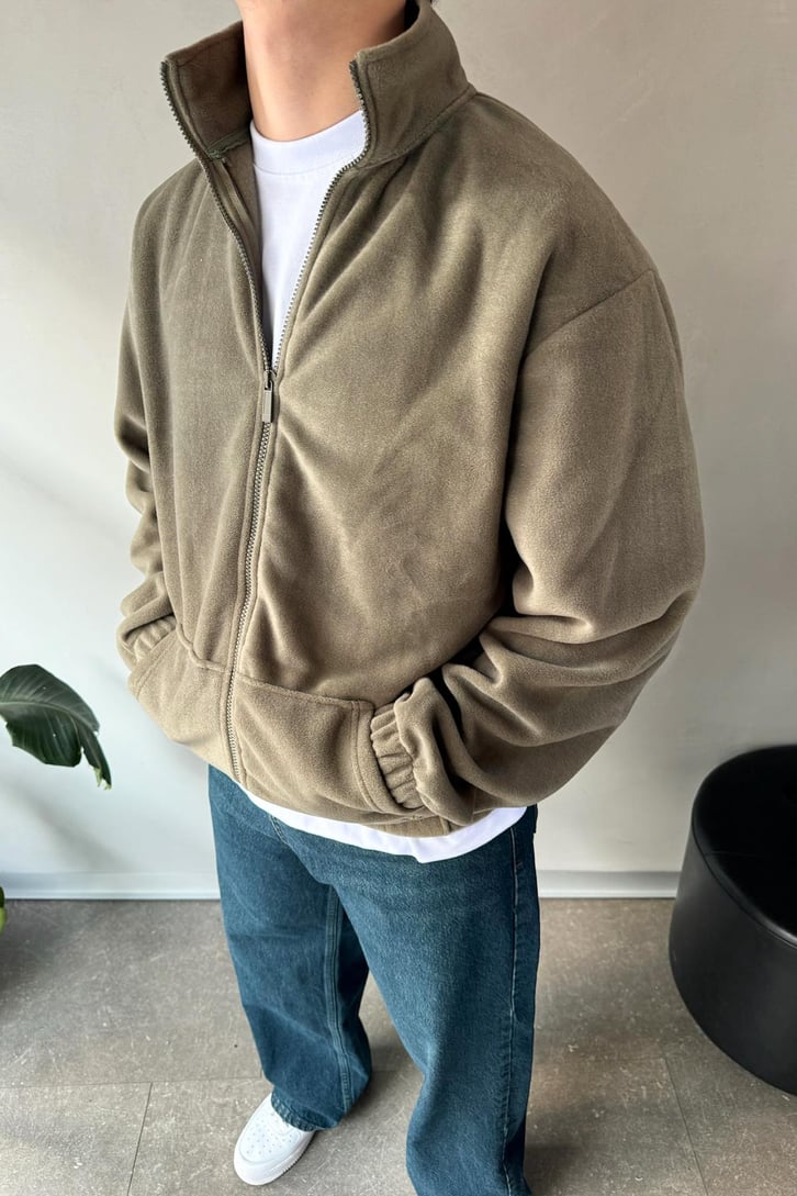 Vn Nakışlı Cep Detay Haki Polo Yaka Sweatshirt