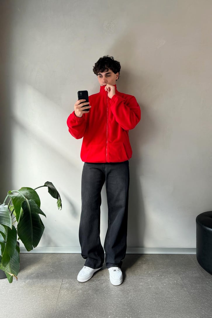 Vn Nakışlı Cep Detay Kırmızı Polo Yaka Sweatshirt