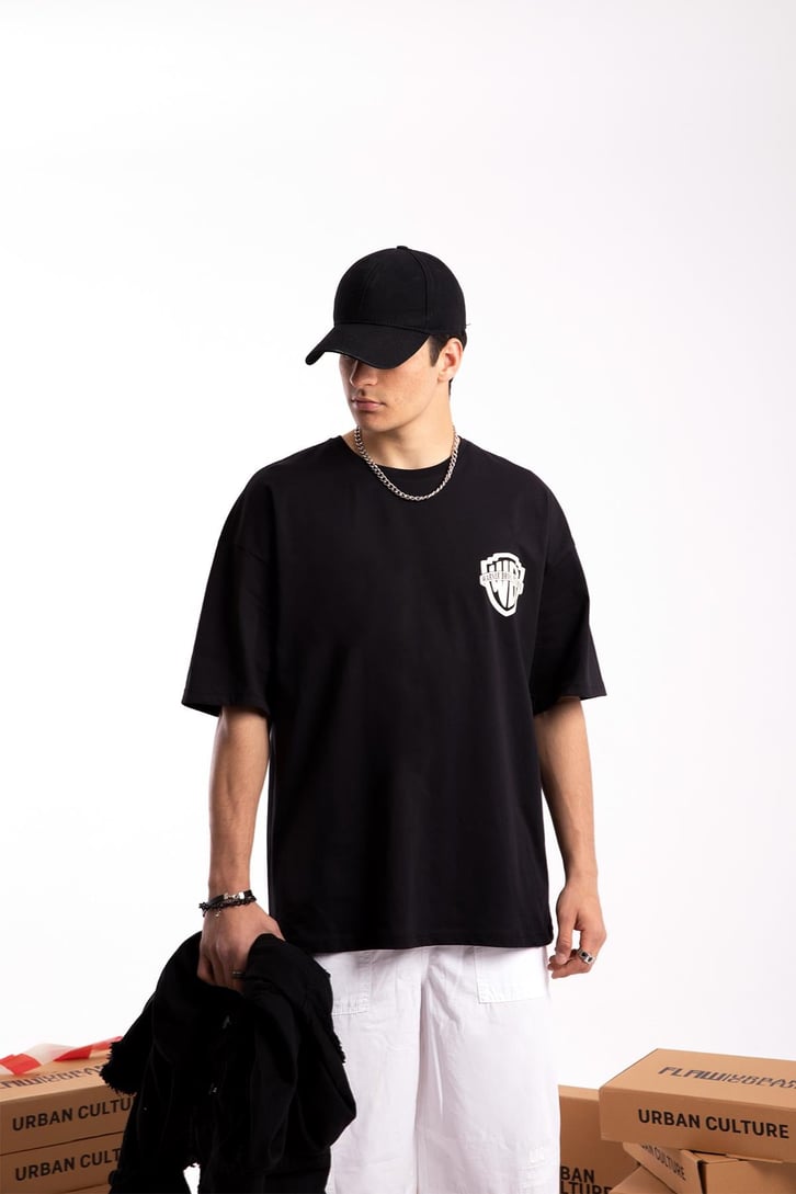 W.Bros. 75 Baskılı Siyah Oversize Tshirt