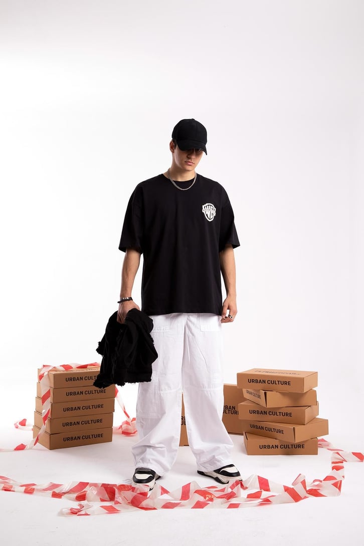 W.Bros. 75 Baskılı Siyah Oversize Tshirt