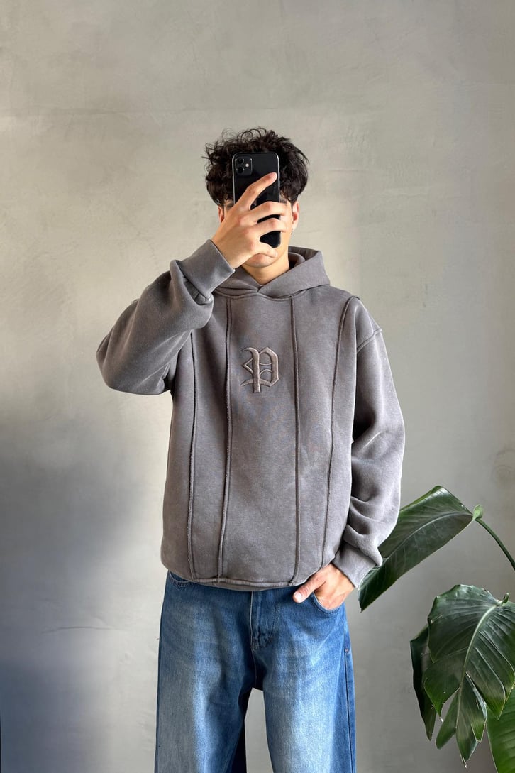 Washed Cepli Nakışlı Oversize Hoodie