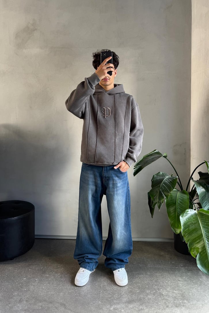 Washed Cepli Nakışlı Oversize Hoodie