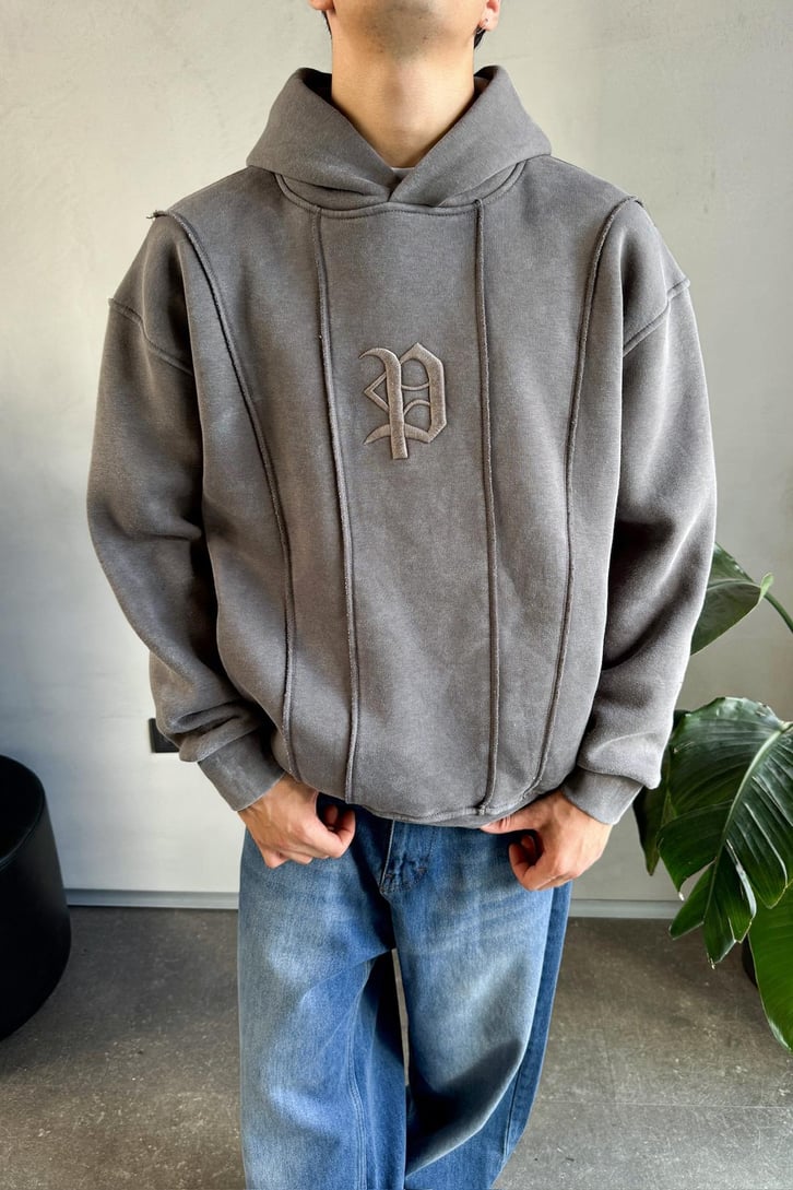 Washed Cepli Nakışlı Oversize Hoodie