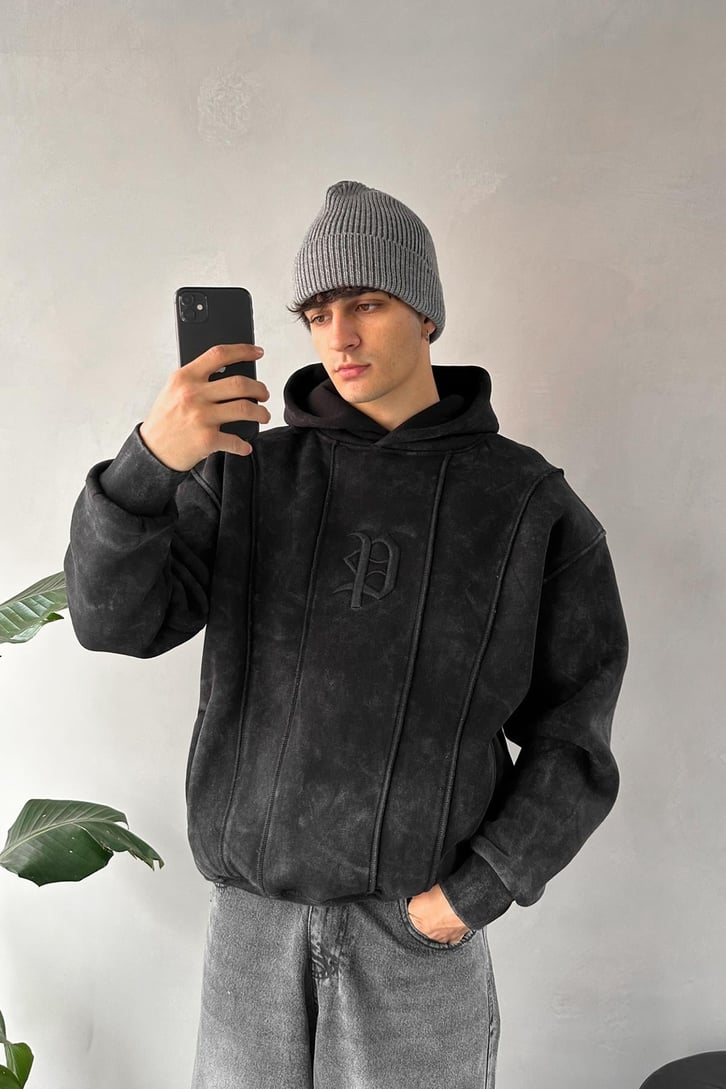 Washed Cepli Nakışlı Oversize Hoodie