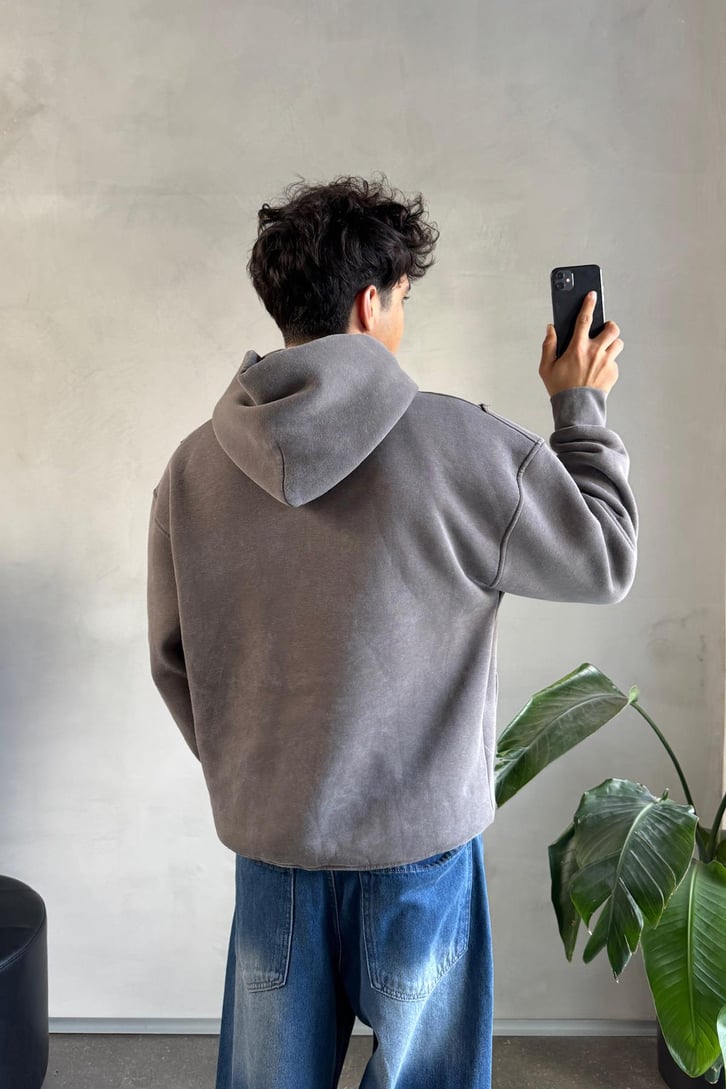 Washed Cepli Nakışlı Oversize Hoodie
