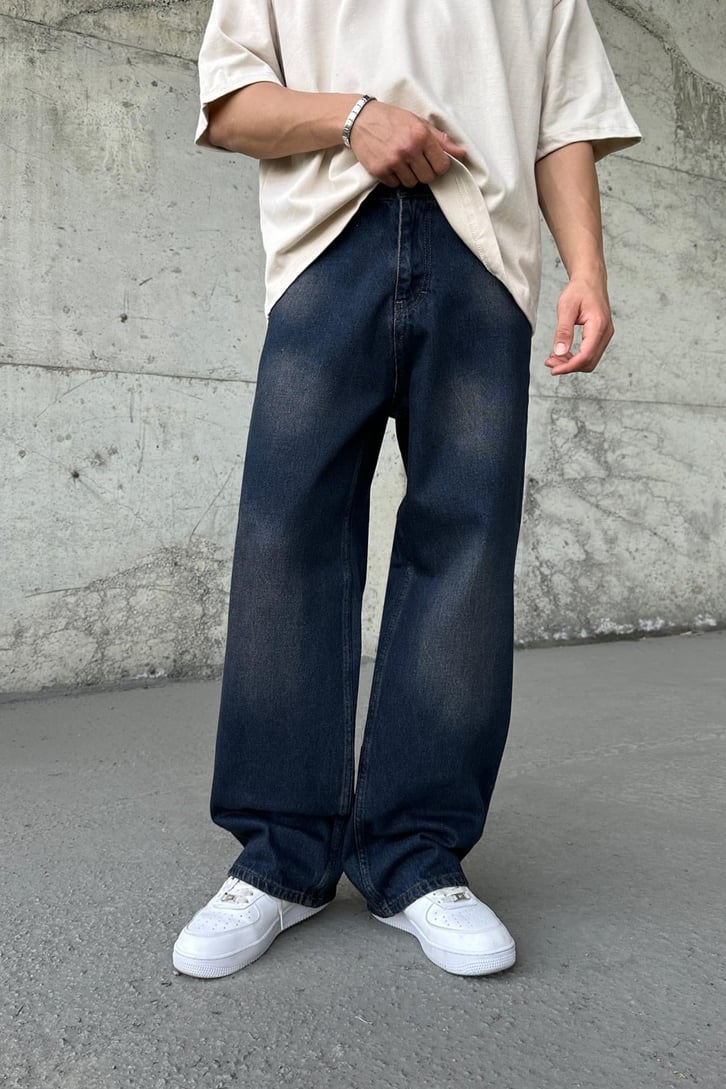 Washed Koyu Mavi Baggy Jean