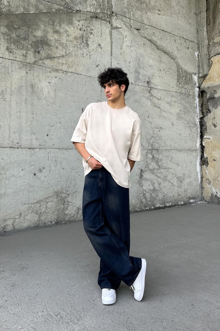 Washed Koyu Mavi Baggy Jean