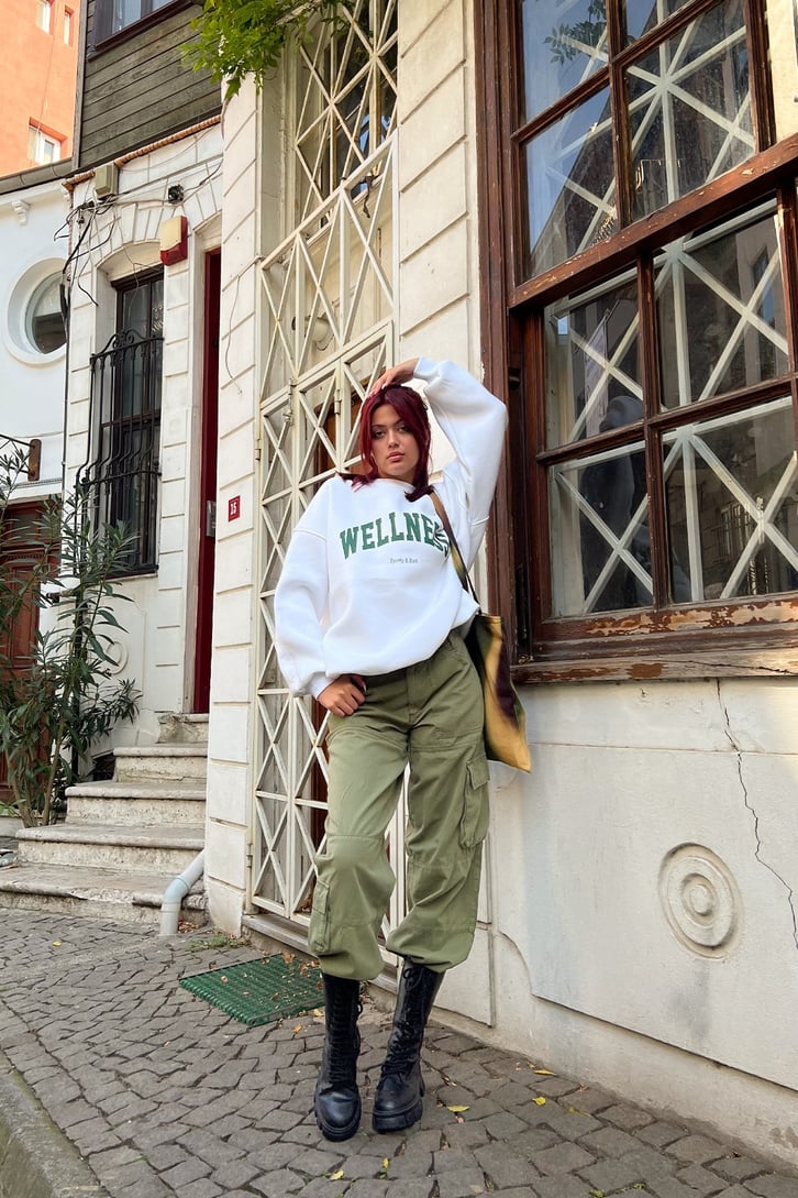 Wellness Baskılı Beyaz Oversize Sweatshirt