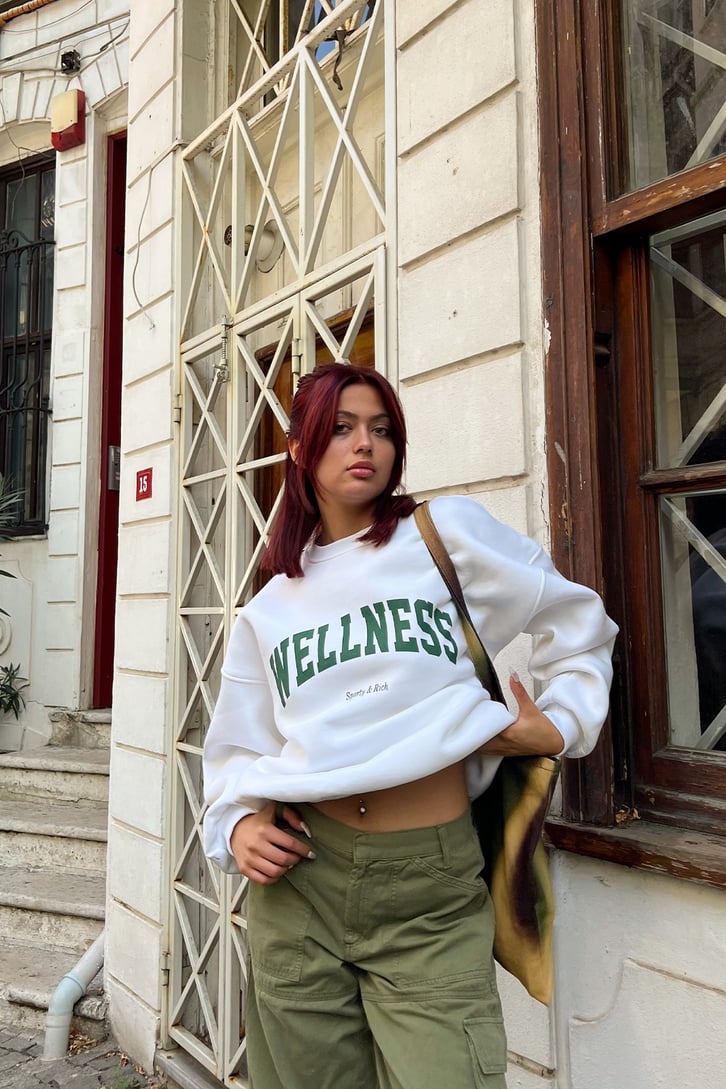 Wellness Baskılı Beyaz Oversize Sweatshirt