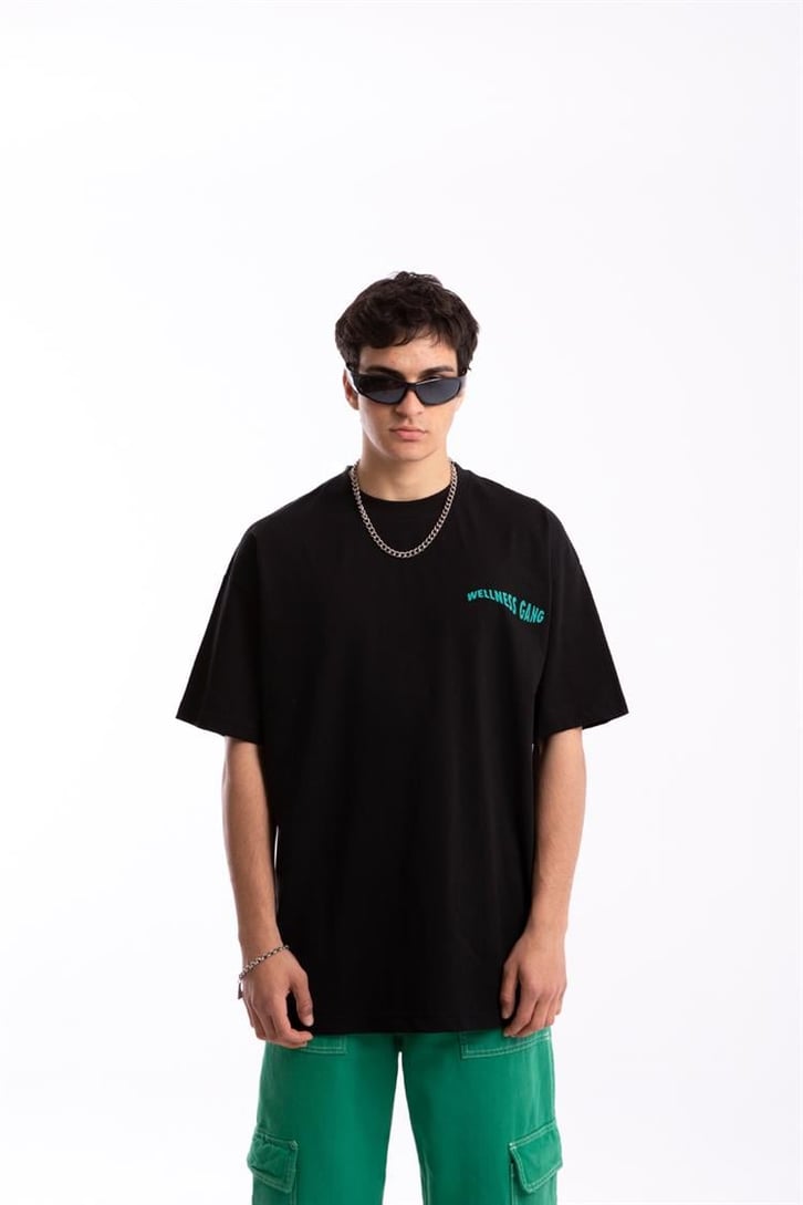 Wellness Gang Baskılı Siyah Oversize Tişört
