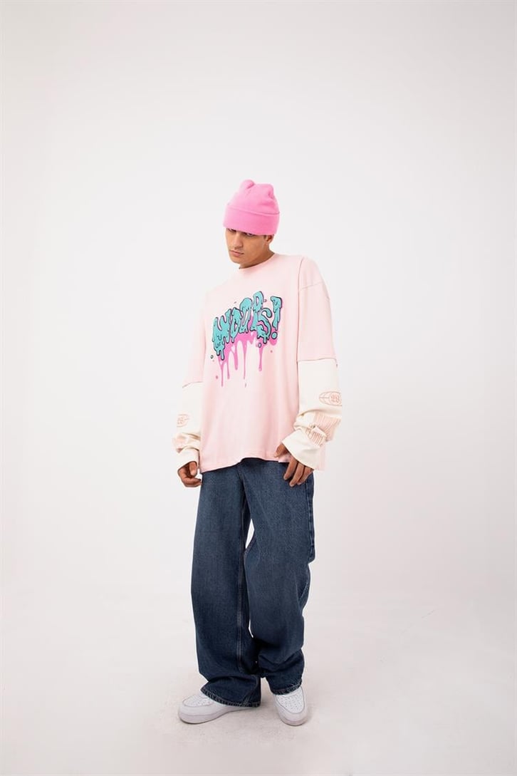 Woops Baskılı Pembe Oversize Long Sleeve Tişört