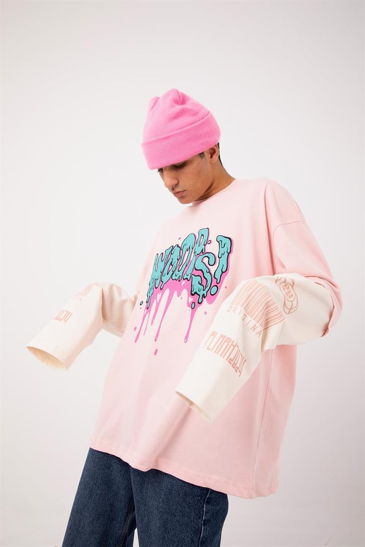 Woops Baskılı Pembe Oversize Long Sleeve Tişört