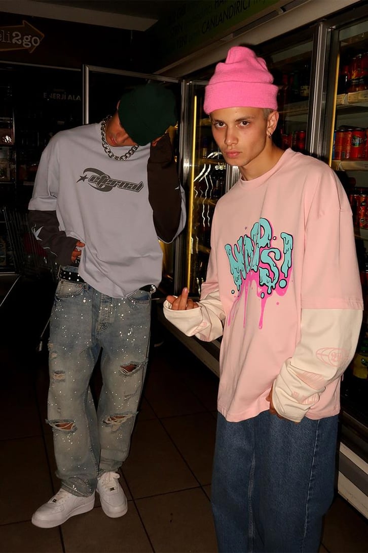 Woops Baskılı Pembe Oversize Long Sleeve Tişört