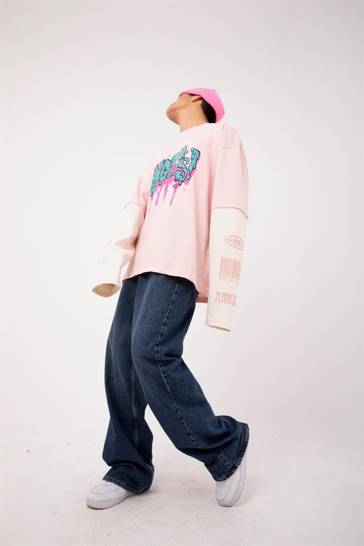 Woops Baskılı Pembe Oversize Long Sleeve Tişört