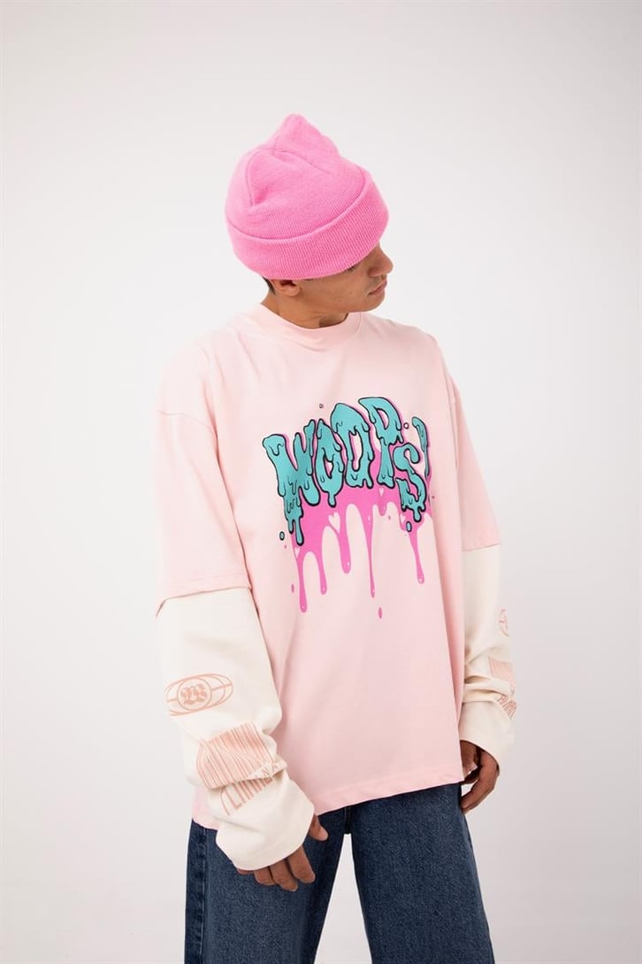 Woops Baskılı Pembe Oversize Long Sleeve Tişört