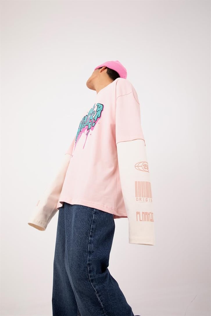 Woops Baskılı Pembe Oversize Long Sleeve Tişört
