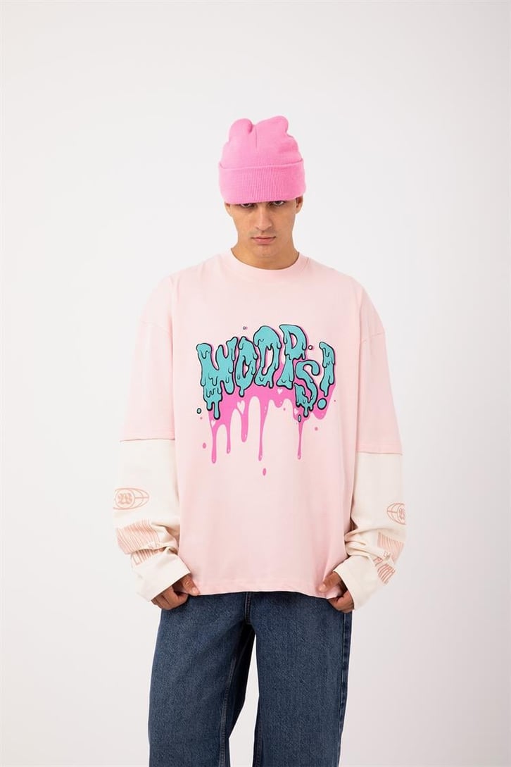 Woops Baskılı Pembe Oversize Long Sleeve Tişört