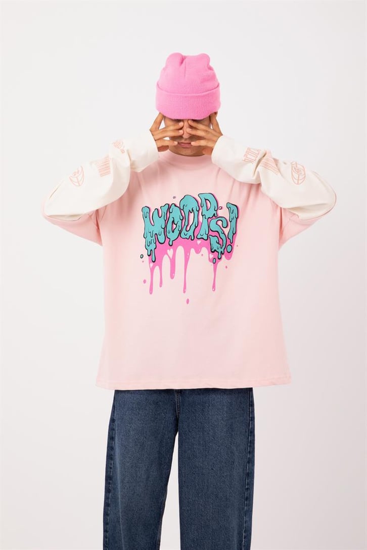 Woops Baskılı Pembe Oversize Long Sleeve Tişört