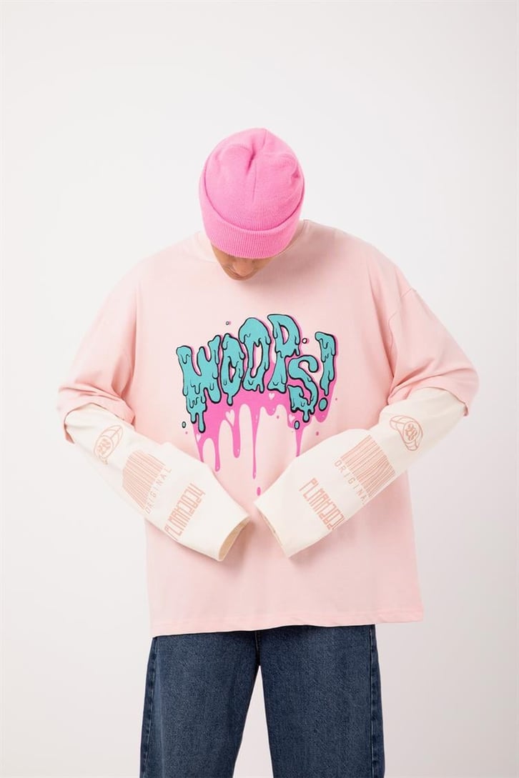 Woops Baskılı Pembe Oversize Long Sleeve Tişört