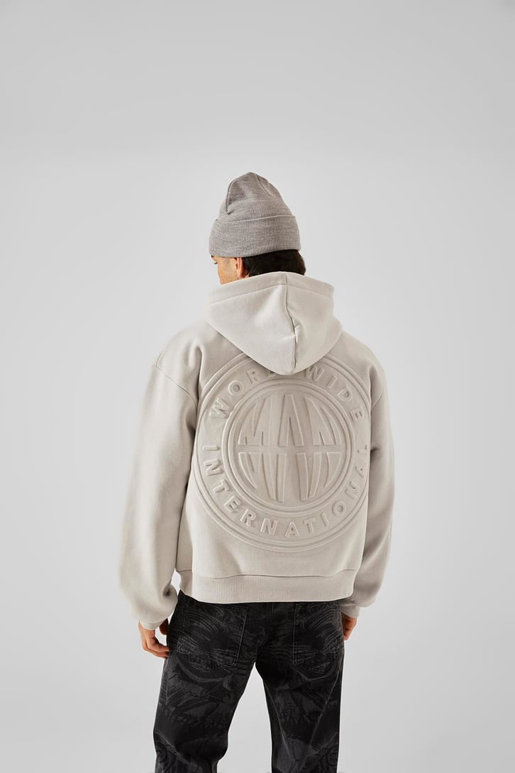 World Wide Kabartma Baskılı Buz Gri Oversize Hoodie