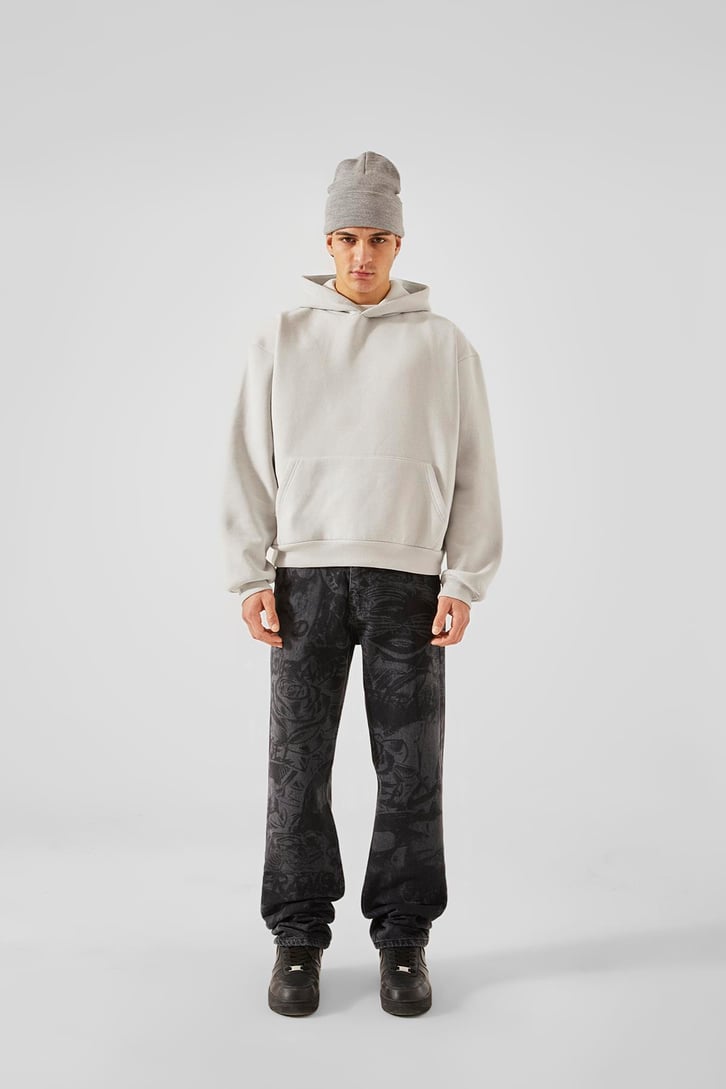 World Wide Kabartma Baskılı Buz Gri Oversize Hoodie