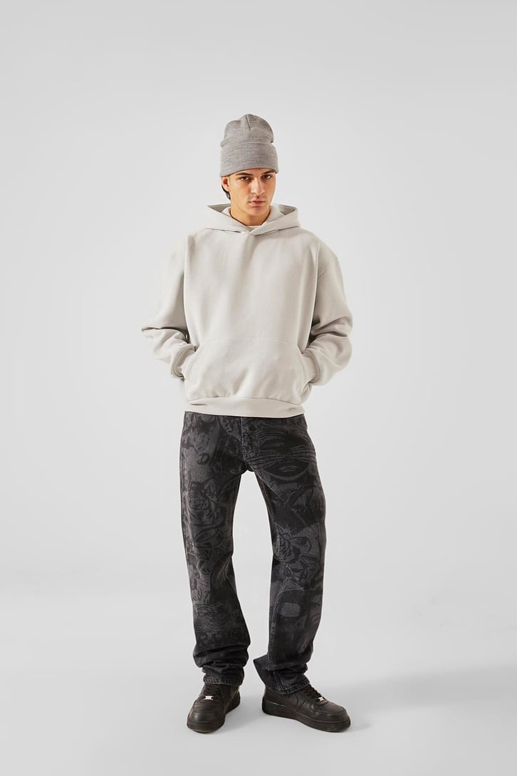 World Wide Kabartma Baskılı Buz Gri Oversize Hoodie