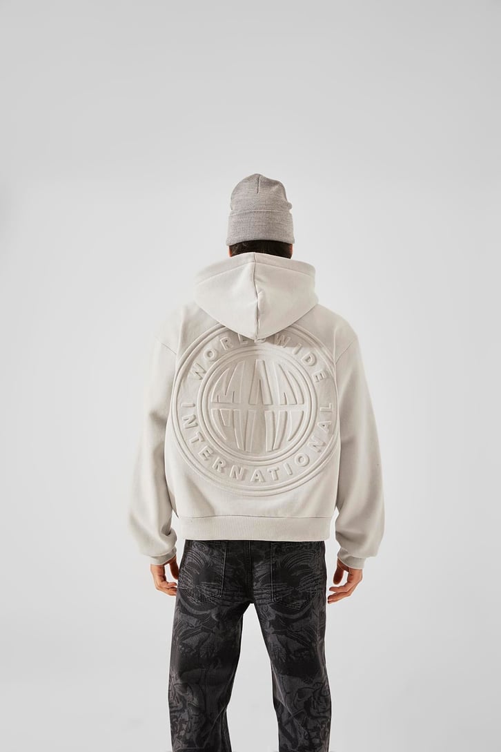 World Wide Kabartma Baskılı Buz Gri Oversize Hoodie