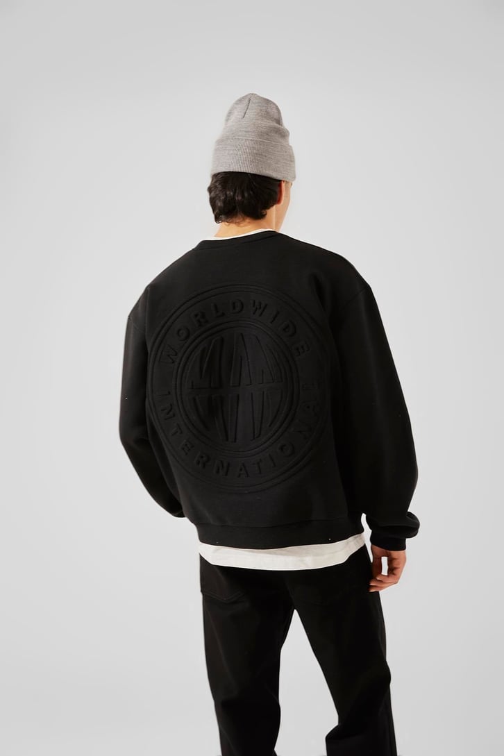 World Wıde Kabartma Baskılı Siyah Oversize Sweatshirt