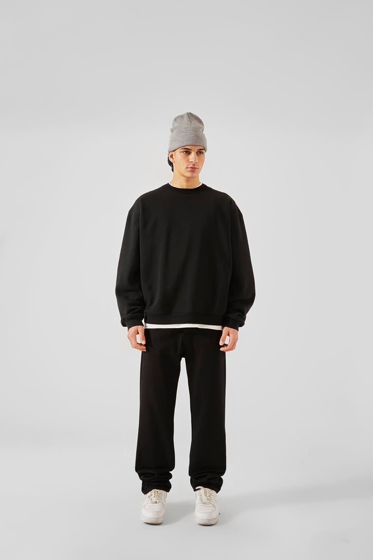World Wıde Kabartma Baskılı Siyah Oversize Sweatshirt