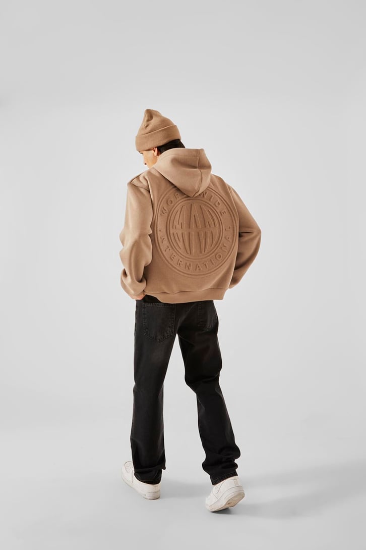 World Wide Kabartma Baskılı Vizon Oversize Hoodie