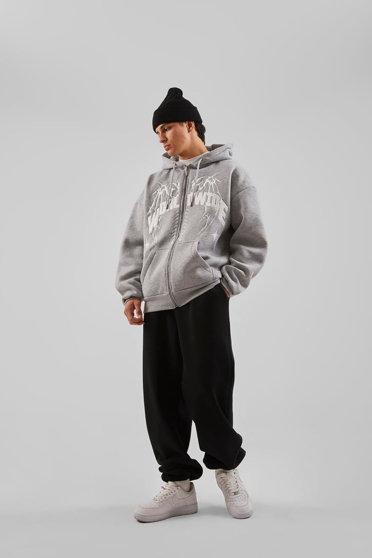 Worldwide Baskılı Gri Melanj Zip Hoodie