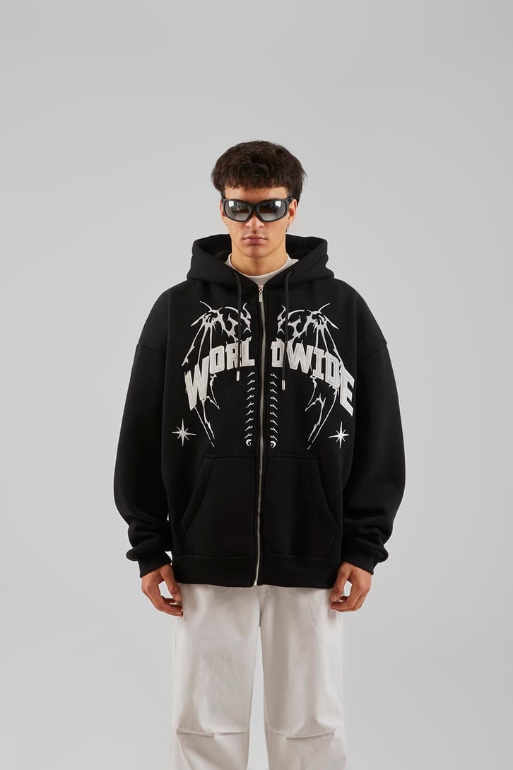 Worldwide Baskılı Gri Melanj Zip Hoodie