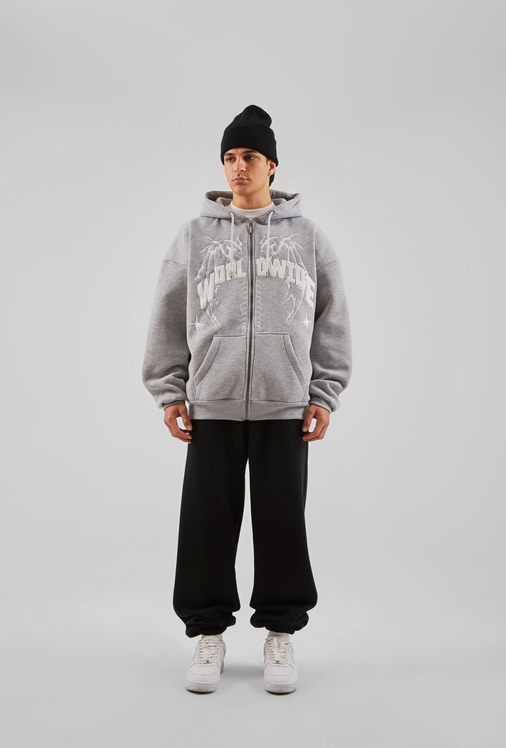 Worldwide Baskılı Gri Melanj Zip Hoodie