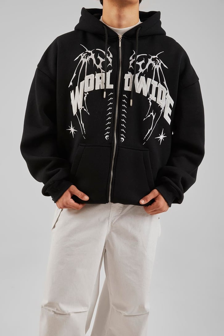 Worldwide Baskılı Gri Melanj Zip Hoodie
