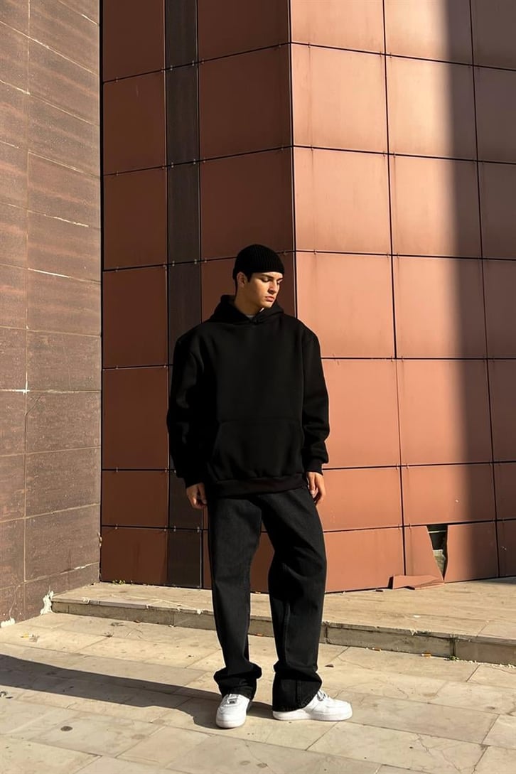 Worldwide Bear Sırt Baskılı Siyah Hoodie