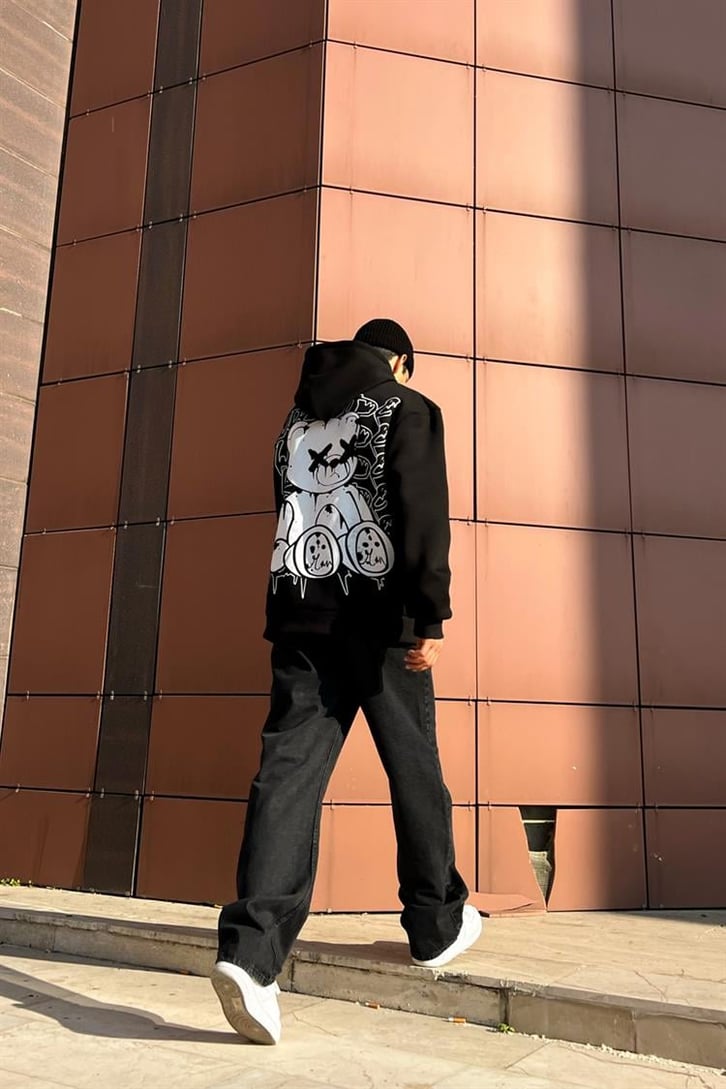 Worldwide Bear Sırt Baskılı Siyah Hoodie