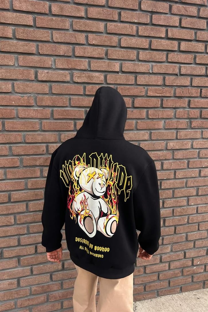 Worldwide Bear Sırt Baskılı Siyah İçi Pamuklu Oversize Hoodie