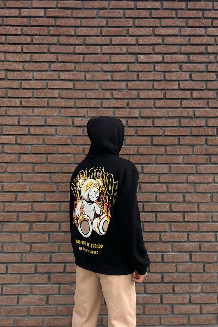 Worldwide Bear Sırt Baskılı Siyah İçi Pamuklu Oversize Hoodie