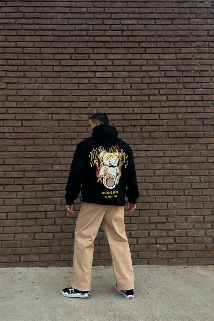 Worldwide Bear Sırt Baskılı Siyah İçi Pamuklu Oversize Hoodie