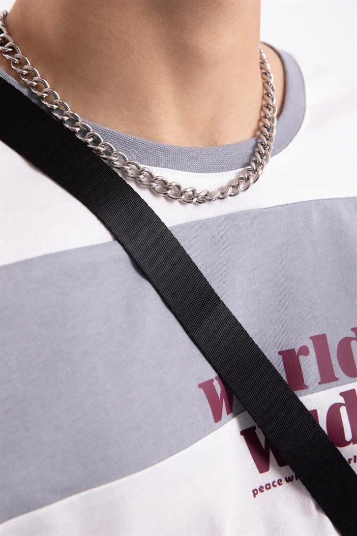 Worldwide Çizgili Gri Oversize Tişört